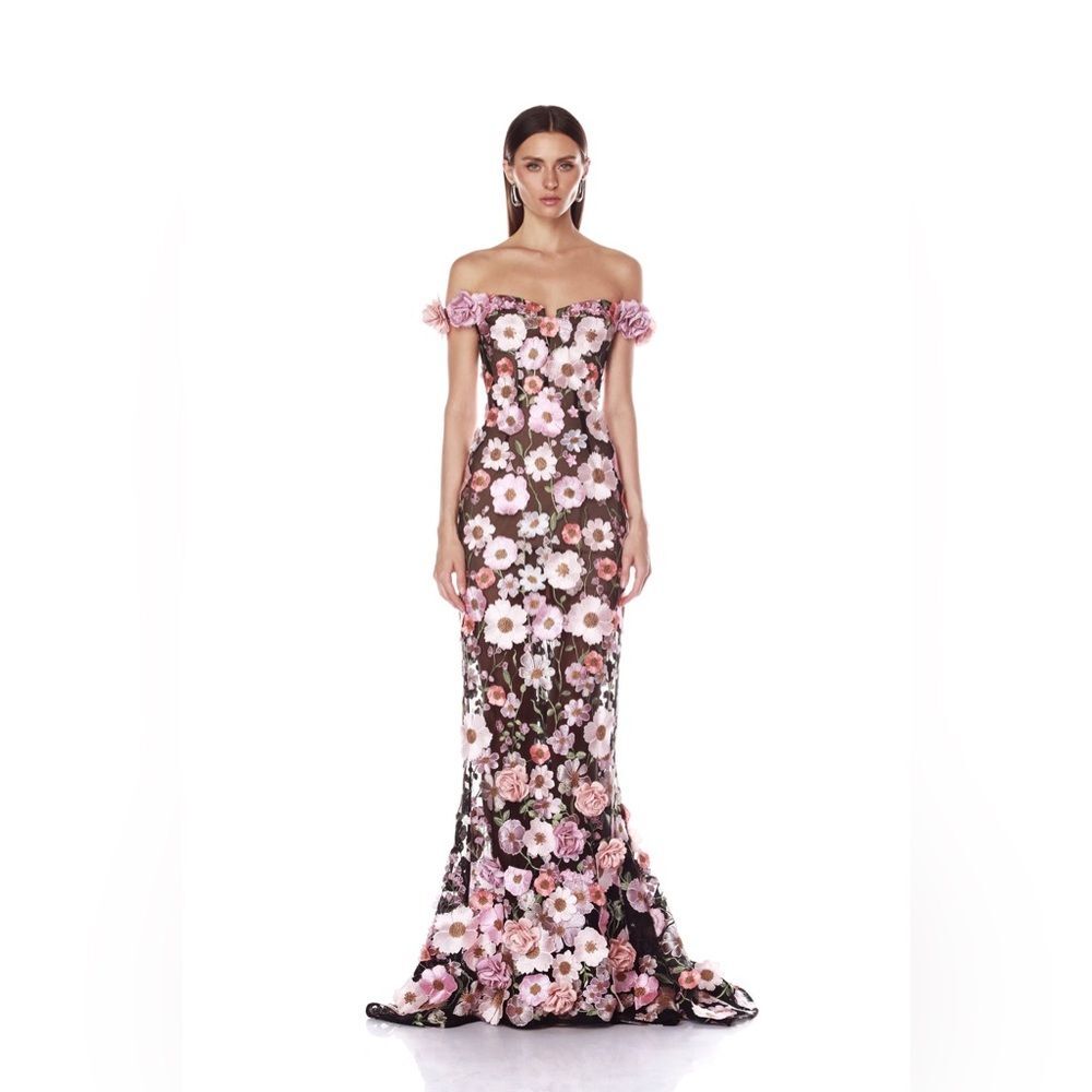 NEW Bronx and Banco Jasmine Black Multi Off Shoulder Gown, wedding guest evening